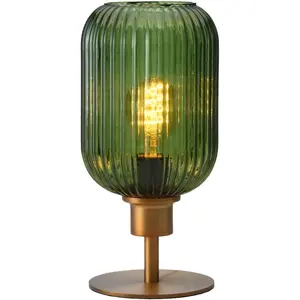 Mid Century Glass Table Lamp, Dimmable Desk Lamp, LED Bulb Included, Timer Build-In, Green Ribbed Glass