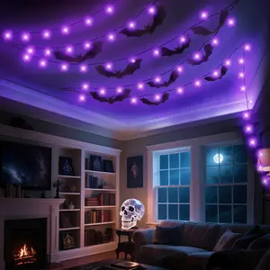 VZQI Halloween Bat Decorations with Purple LED Lights 49 FT Black Hanging Bats for Indoor Party Decor Set