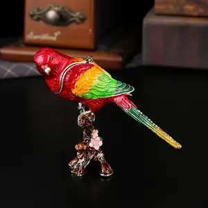 Vibrant Enamel Warbler Jewelry Box, Trendy Rhinestone Long Tail Accessory Organizer, Solve Vanity Clutter, Tropical Style Decor