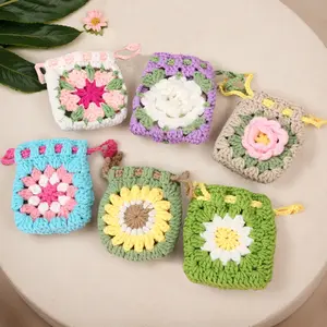 Women's Elegant Crochet Headphone Pouch Floral Design Mini Storage Bag for Earbuds Case Christmas Gift