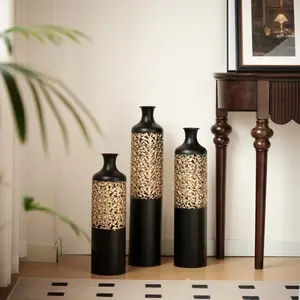 ARCH 3-Piece Handcrafted Metal Floor Vase Set, Black & Gold Cutout Design Tall Vases (20.8"/24.8"/28.7") for Living Room Entryway, Modern Glam Decor for Pampas Grass & Ideal Housewarming/Holiday Gifts    RR