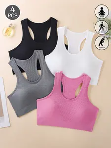 Women's Casual Sports Bra Set, Workout Bra, Fitted Yoga Training Tank Top, Outdoor Running Wear, Sporty Style, Solid Pattern, 4 Piece
