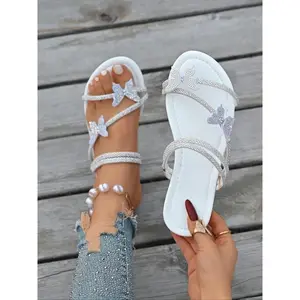 Women's Fashionable Rhinestone Decorated Butterfly Design Slide Sandals, Casual Comfortable Flat Sandals for Beach Vacation, Lightweight Barefoot Shoes for Women, Summer
