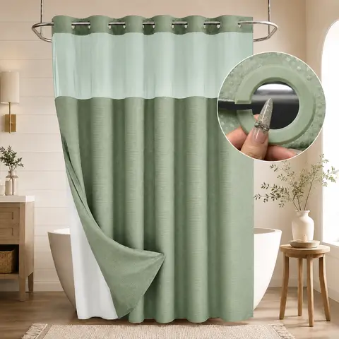 Double Layer Waffle-Pattern Shower Curtain - No Hook Snap-in Liner,  Waterproof Inner & Washable White Outer Cloth,  Bathroom Accessory for Home/Hotel/Dorm, 72x75 Inch