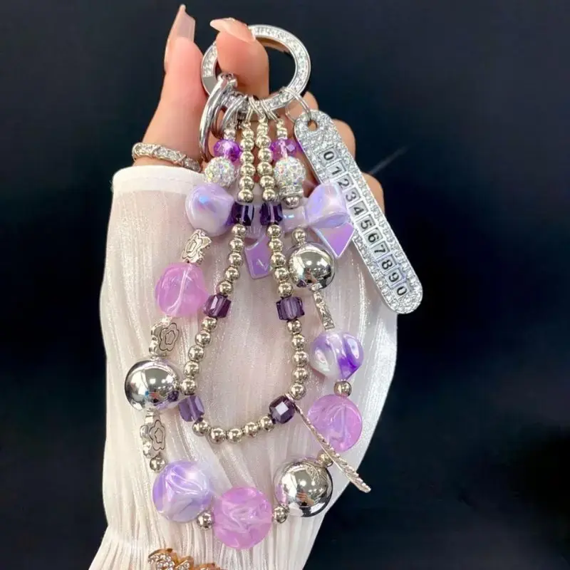 Luxury Beaded Wristlet Strap with Sparkling Rhinestone Butterfly Pendant, Fashion Keychain Accessory for Phone Case & Handbag, Daily Use & Holiday Costume Jewelry, Rhinestones