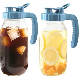 64 Oz Glass Pitcher With Lid 2 Set Half Gallon Wide Mouth Mason Jar Cold Hot Water Pitcher 2 Quart Sun  Glass Jar For Outside For Fridge Lemonade, Beverage,Milk,Juice, Cold Brew Iced  Container