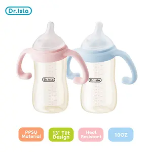 Dr. Isla PPSU 13-Degree Slanted Ergonomic Baby Bottle (10 OZ), 3-in-1 Grow Cup Set with Gravity Ball Straw, Wide Neck, Anti-Colic, BPA-Free, Heat-Sensitive Color Change Safety Feature, Neck Protection for 0-36 Months Newborns