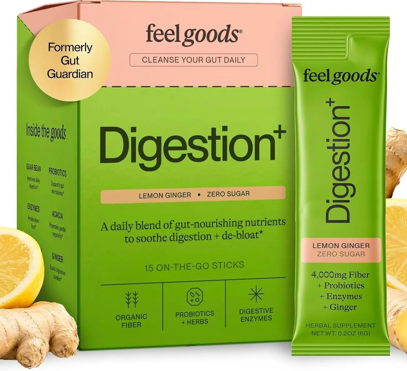 Feel Goods Gut Guardian, Digestive Health Powder Drink Mix - Probiotic Fiber Powder with Prebiotics & L Glutamine for Gut Health, Bloating Relief & Digestion Support - Zero Sugar & Organic Flavor
