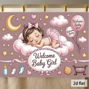2D Flat, 1pc Party Banner 1pc, Welcome Baby Girl: A Sleeping Infant on a Cloud Multi Functional Background Banner, Suitable for Indoor and Outdoor Family Activities, Weddings, Birthdays, Home Decoration