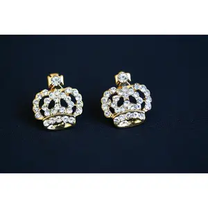 Gold Embellished Crown Stud Earrings, Rhinestone Crown Earrings
