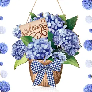 Spring Door Decorations Blue Hydrangea Wreaths Sign  Spring Door Hanger Rustic Wooden Easter Welcome  Wreath Decorations for Summer Front Indoor  Porch Wall Windows