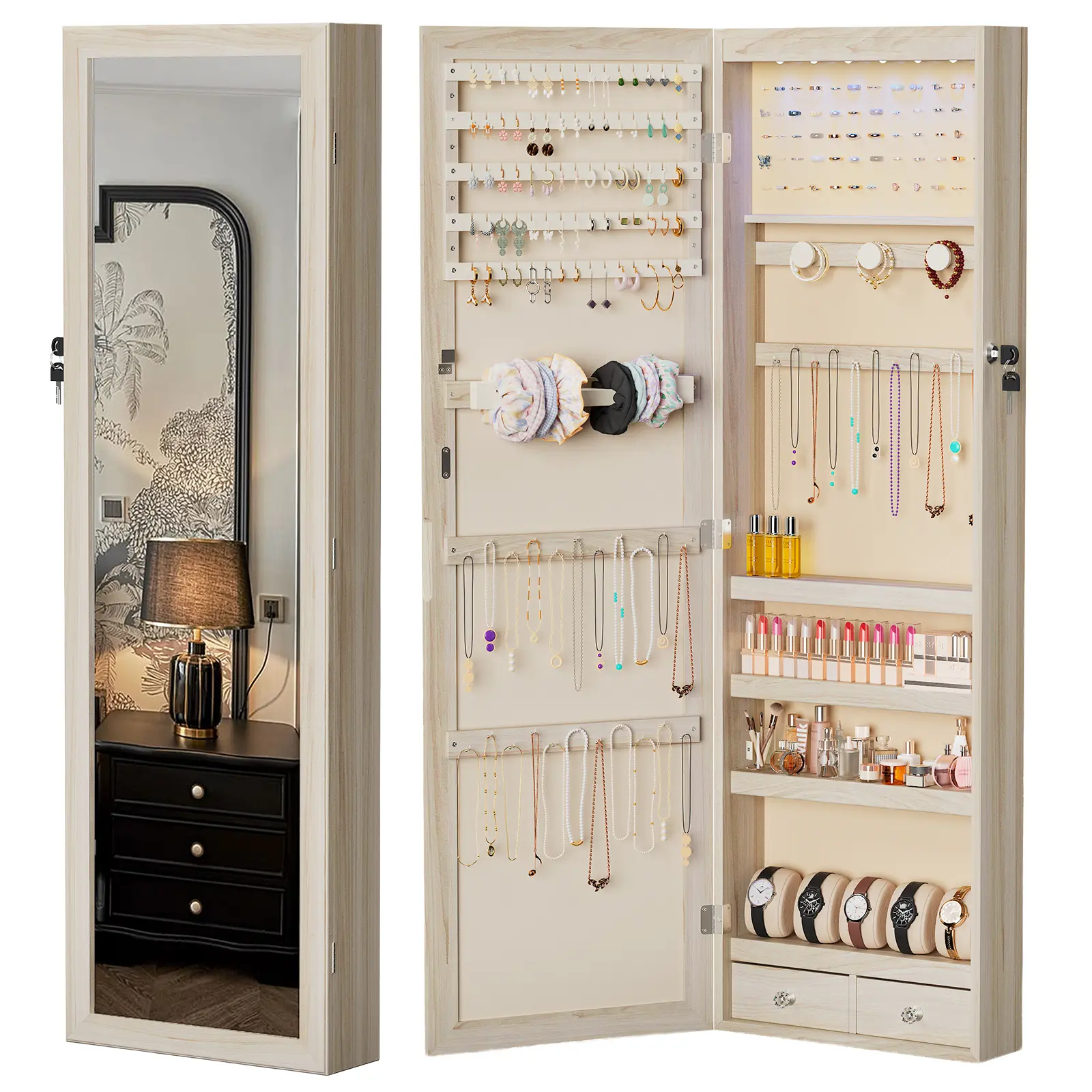 Brown Full-Length Mirror Jewelry Cabinet Armoire - 14.17" Wide, 47.24x3.86in, Wall-or-Door Mountable, 6 Built-in LED Lights, Full-View Design, Jewelry Organization, Indoor Furniture Cupboard, Room Decor Gift Idea