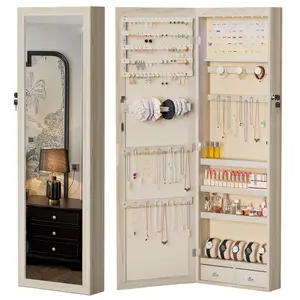 Mirror Jewelry Cabinet Armoire with Built-in LED Lights, Wall or Door Mounted Jewelry Storage Organizer, 14.17 x 47.24 x 3.86 inchg Mirror Cabinet, Gift Idea, Camel Brown Full-Length Mirror Jewelry Armoire with 6 LED Lights, Wall-Mounted Large