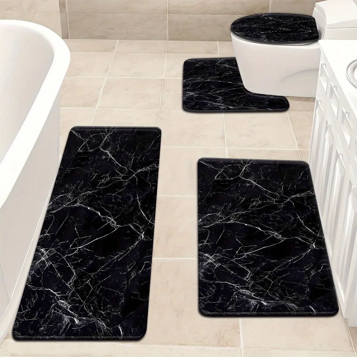 3pcs/4pcs Black Marble Pattern Bathroom Mat Set, Toilet Lid Cover and Rug with U-Shaped Foot Pad for Bathroom Decor