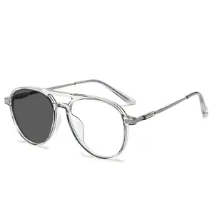 Trendy Double Bridge Men's Photochromic Glasses Women Color Changing Reading Glasses Vintage Fashion HD Far Sight Eyewear