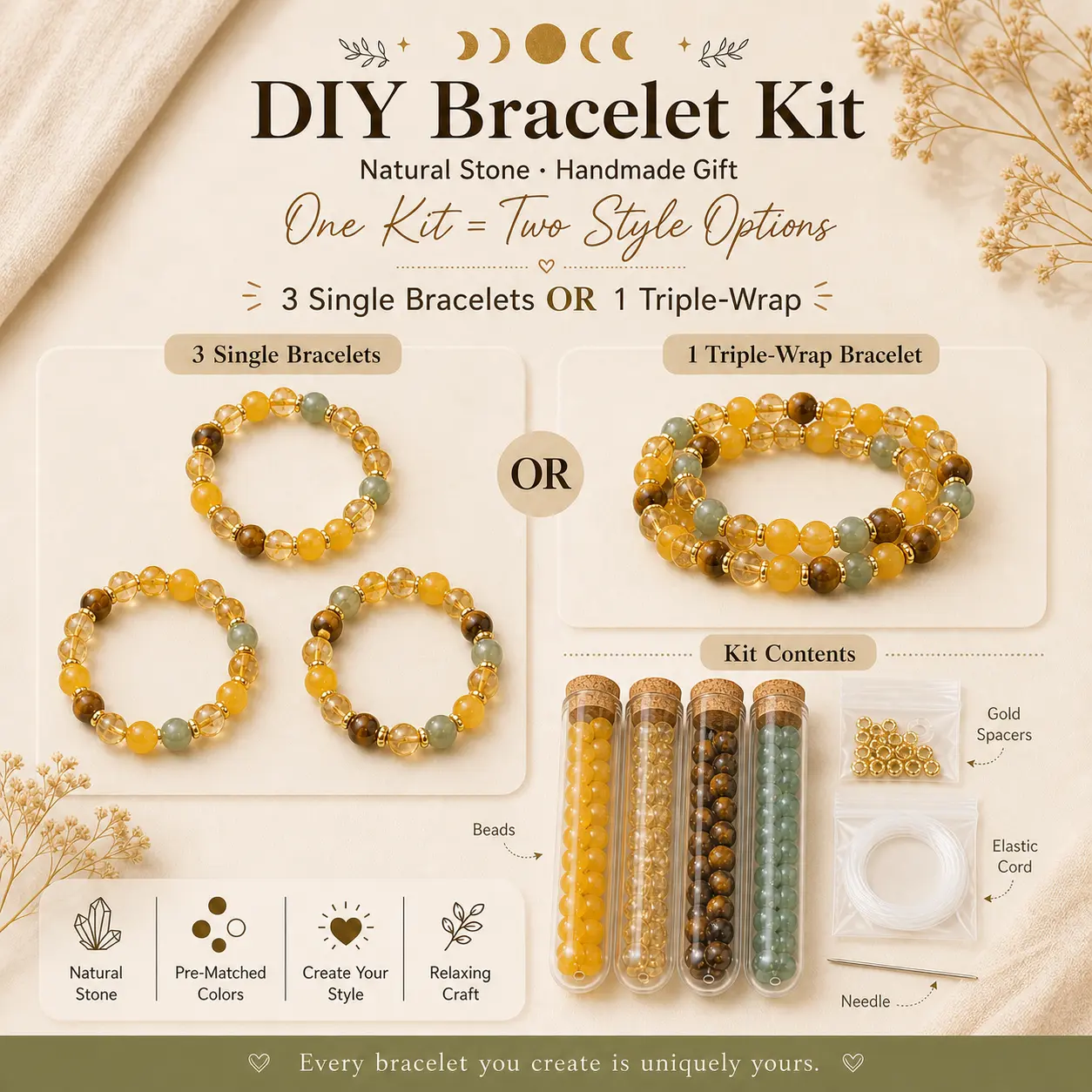 DIY Natural Stone Beadable Beading Kit - Elastic Beads, Semi-Precious Beads, Safe Beginner-Friendly DIY Jewelry Making Supplies, Gift for Adults, Beadable Beading Kits