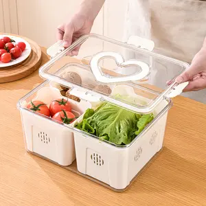 Heart-shaped food-grade refrigerator storage box with drainage and sealing, large capacity food and fruit storage container with lid