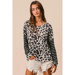 BiBi Leopard Hacci Knit Twist Back Top With Stripe Sleeve