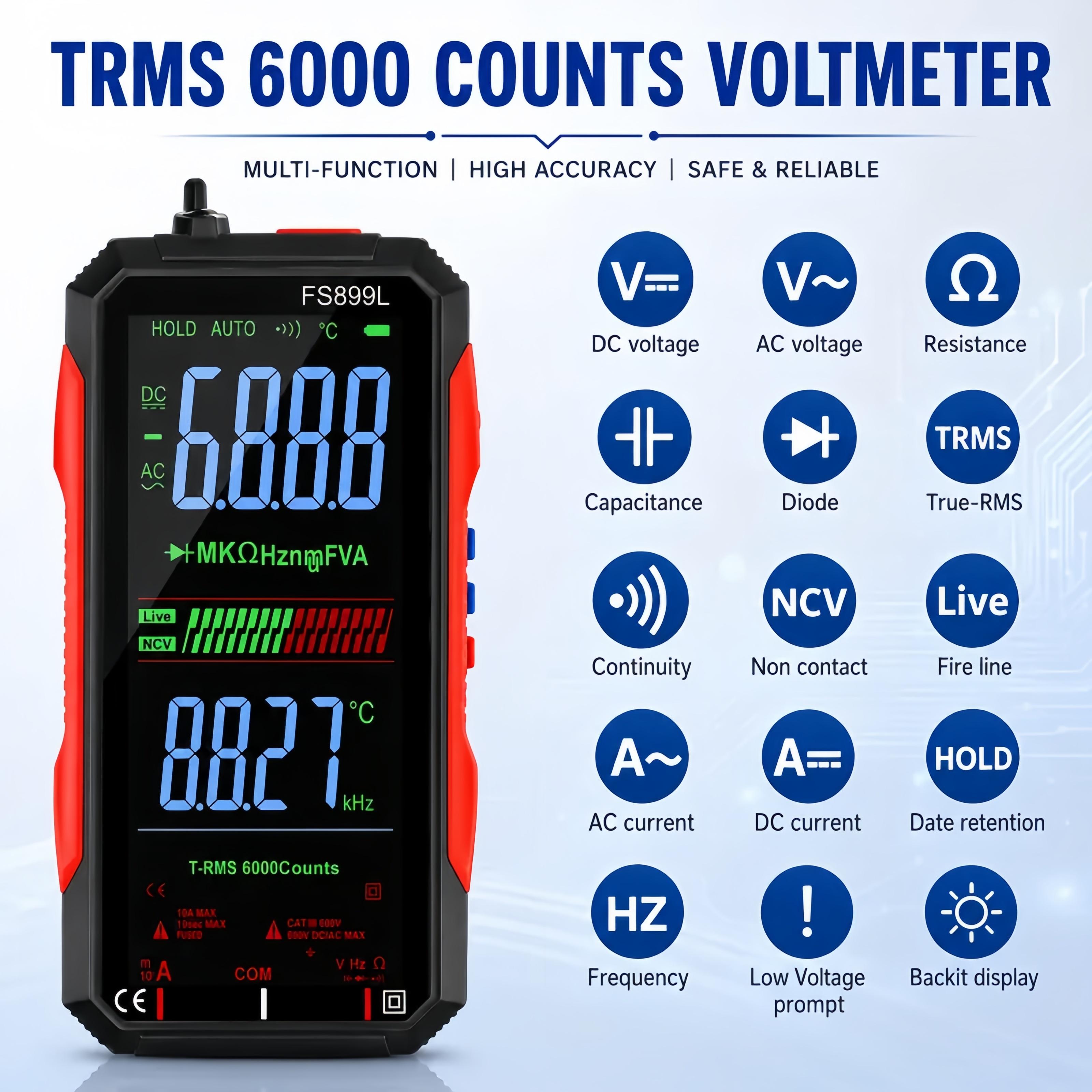 Fully Automatic True RMS (TRMS) 6000 Count Digital Voltmeter - A reliable voltage tester suitable for home, automotive, and industrial applications; a professional electrical tool.