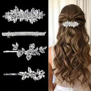 4 Pieces Rhinestone Hair Clips Gold Leaf Wedding Hair Pins Crystal Bobby Pins Silver Bridal Hairpin Barrette for Brides Bridesmaids Flower Girls,summerwins