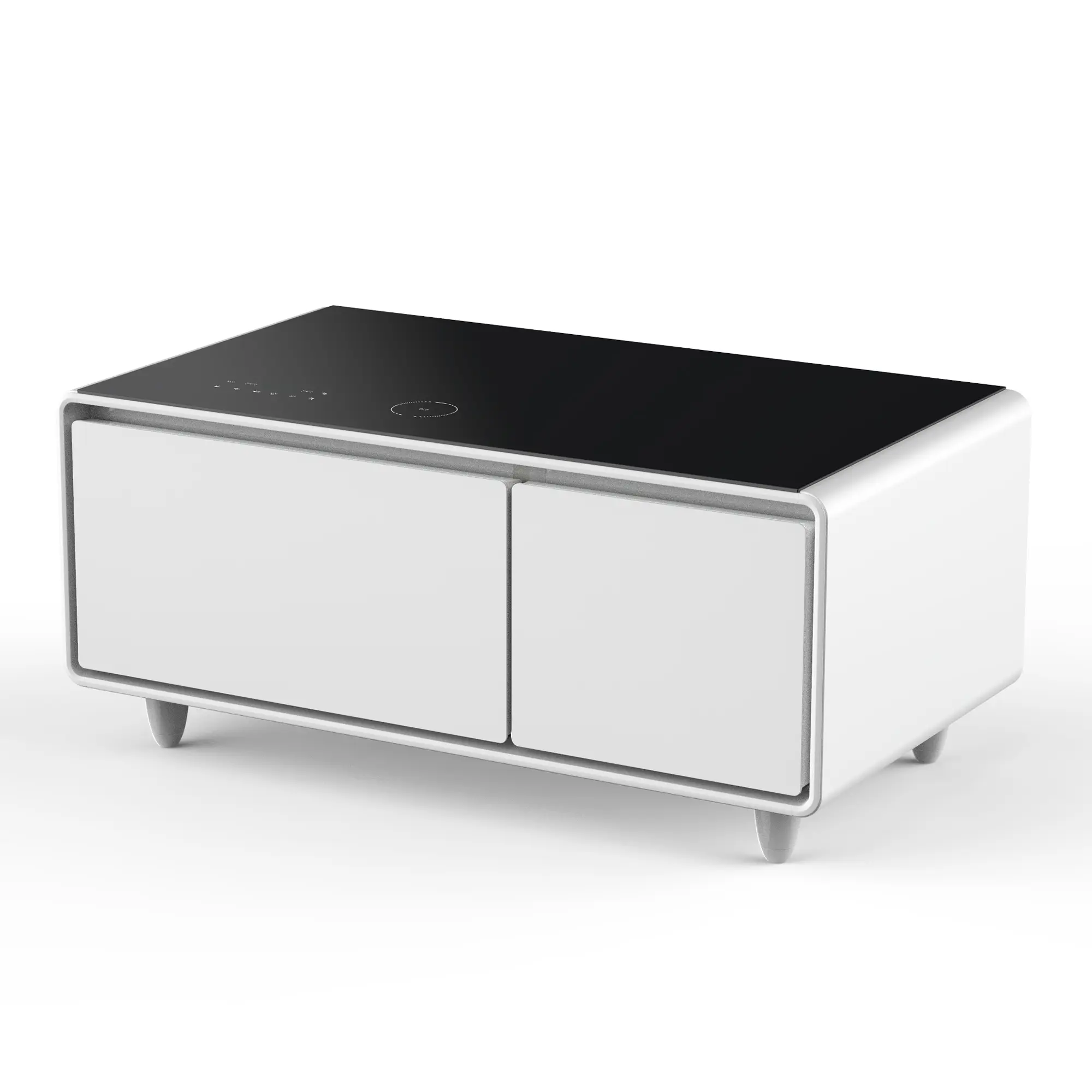 Coffee Table with Refrigerator and Freezer Drawer, Smart Coffee Table with Bluetooth Speaker, USB Charging Ports for Apartment, Minimalist Furniture