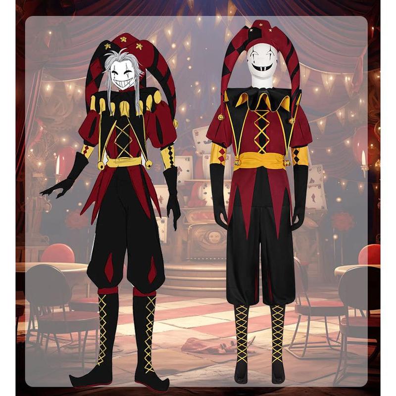 Pierrot the Clown Full Costume Set for Halloween Cosplay, Circus Party Outfit with Accessories for Men and Women