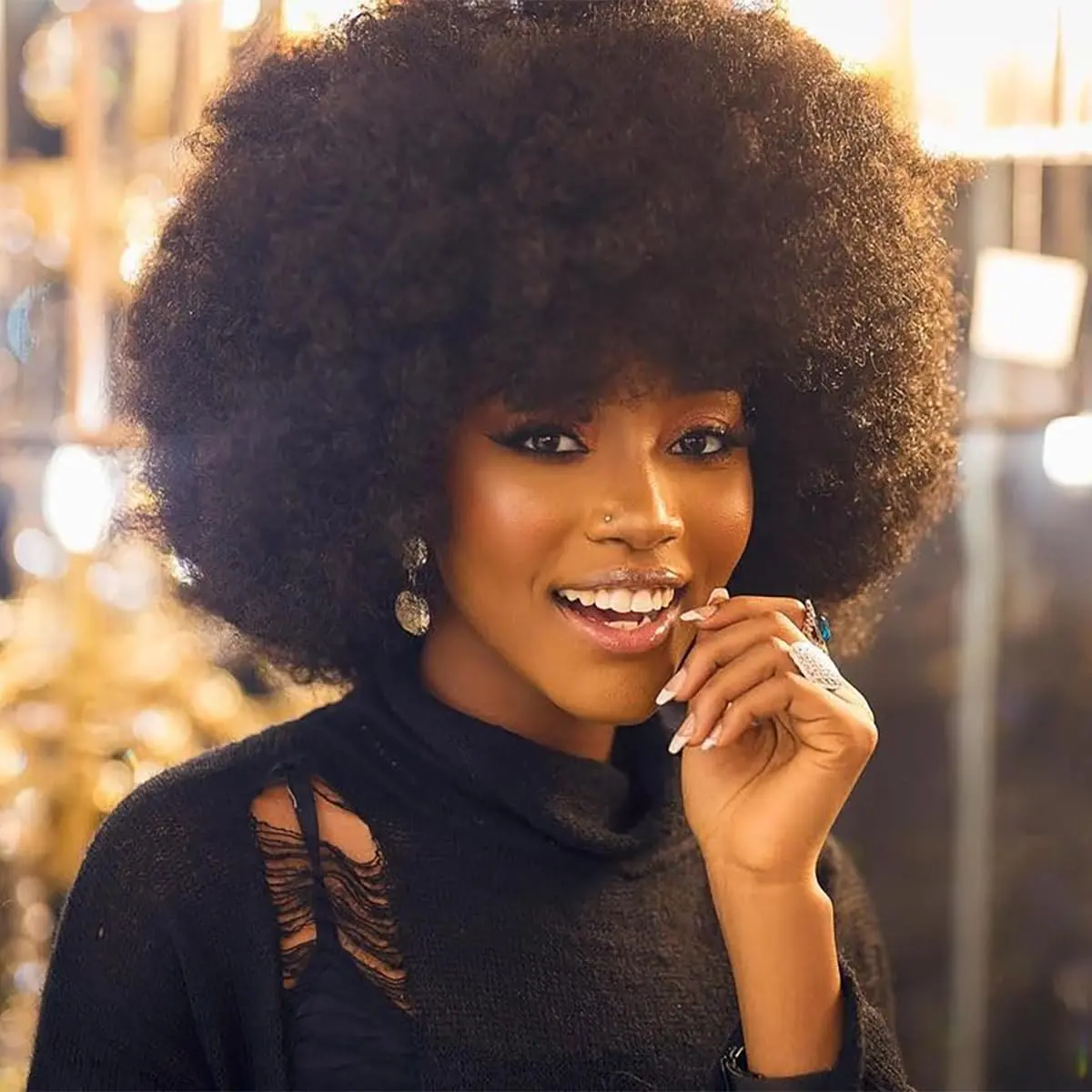 【Biggest Sale】Ourwigs 70's Afro Wig for Women Natural Black Short Afro Kinky Curly Wig 14Inch Glueless Synthetic Wig with Bangs Puffy & Fluffy Bouncy Afro Wig for Daily Cosplay Party