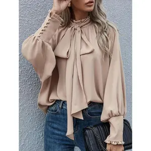Women’s Ruffled Tie-Collar Shirt — Elegant Solid-Color Long-Sleeve Top for Spring and Summer