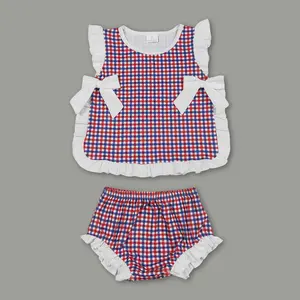 Red White Blue Gingham Toddler Girl Clothes – Patriotic 4th of July Summer Bummies Set