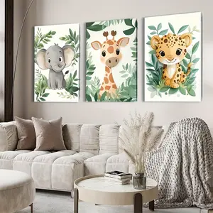 3-Piece Canvas Art Set, Wildlife Elephant Lion Giraffe Aesthetic Wall Decor Posters, Art Canvas Prints, Jungle Animals Artist Painting Kit, Suitable for Living Room Office Cafe Bar