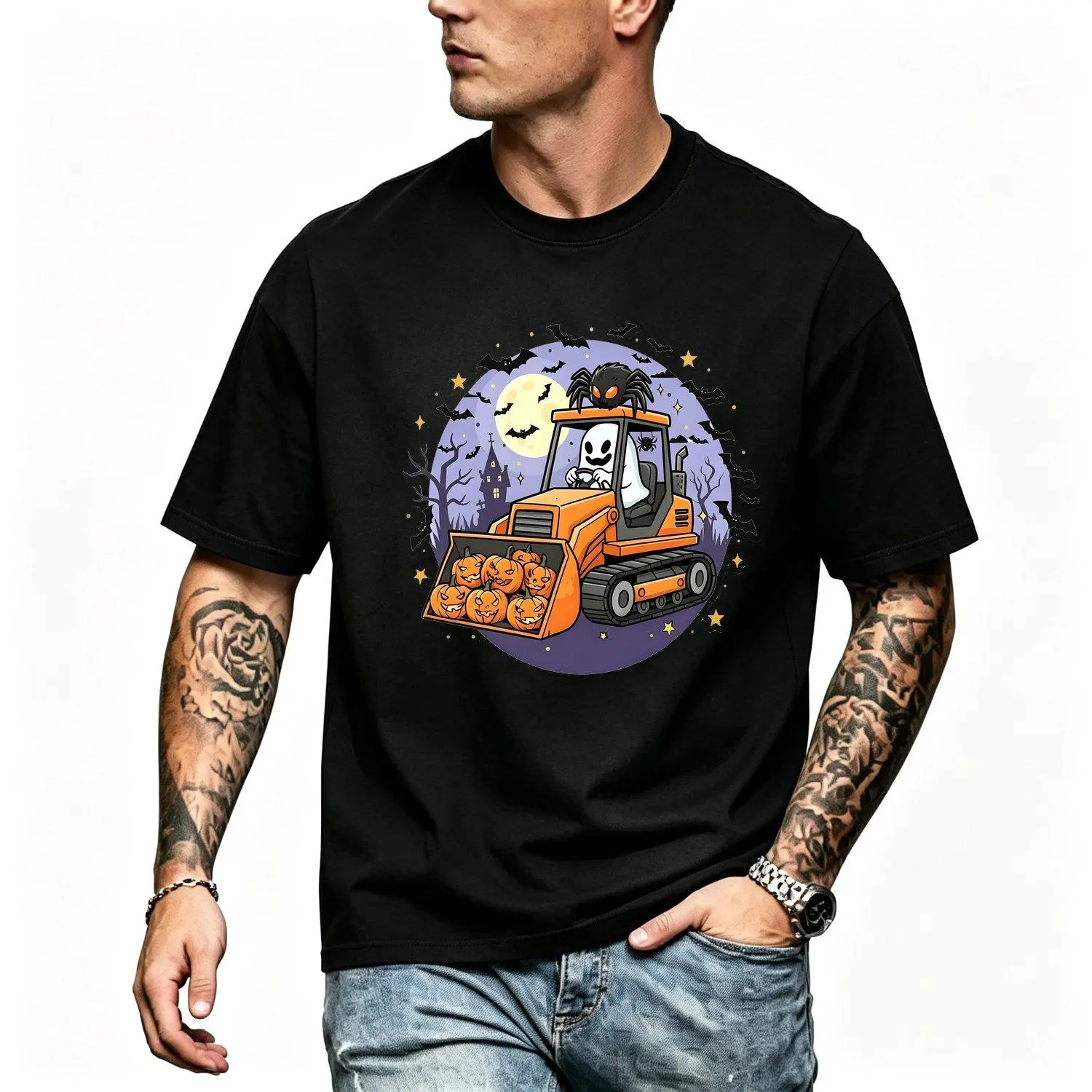 Halloween Driving Bulldozer Pumpkins Spider Graphic T Shirt Fun Costume Party Tee Casual Short Sleeve Tee Trendy Playful Everyday Wear