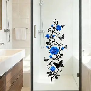 Vine Wrapped Blue Rose Bathroom Sticker, Glass Window Door Fridge Wall Decor, Floral Stickers, Wall Art Stickers, Home Decoration Accessories