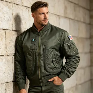 Men's Retro MA-1 Military Flight Jacket - Loose Thick Pilot Coat, Trendy Street Workwear Outerwear, Casual Daily All-match Mens Top Zipper Long Sleeve Menswear Lawn
