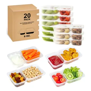 20PCS Bigger Reusable Snack Container with Lid, Double Compartment Condiment Plastic Snack Pack Containers BPA-Free for Picnic Travel