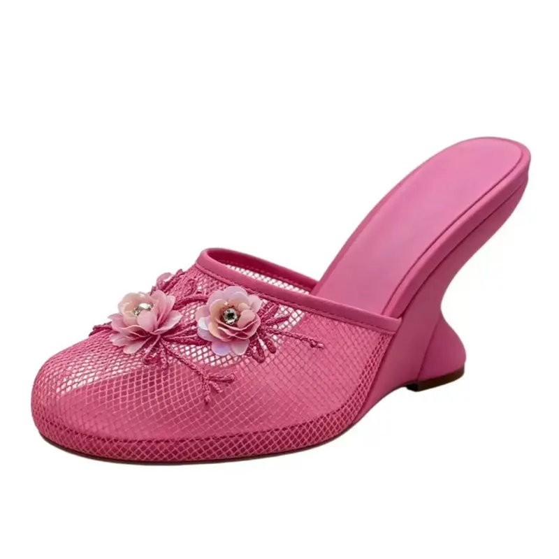 Women Mules Sandals Mesh Hollow Out Thick Sole Wedge Heels Summer Slip on Open Toe Casual Female Slippers Flower Embellished Chinese Mesh Floral Slippers Breathable Round Toe Strange Style High Heel Shoes Women's Summer Fashion Pull On Mules