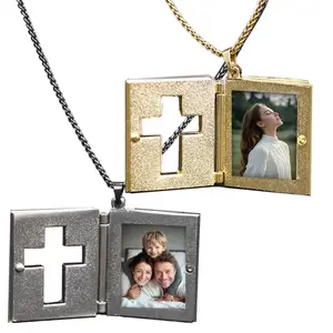 24in Gold-Plated Talking Cross Necklace Decoration - Openable Bible Metal Page Pendant, Waterproof Hollowed-Out Amulet, Christian Religious Gift with Replaceable Photo Accent for Anniversary, Daily Wear