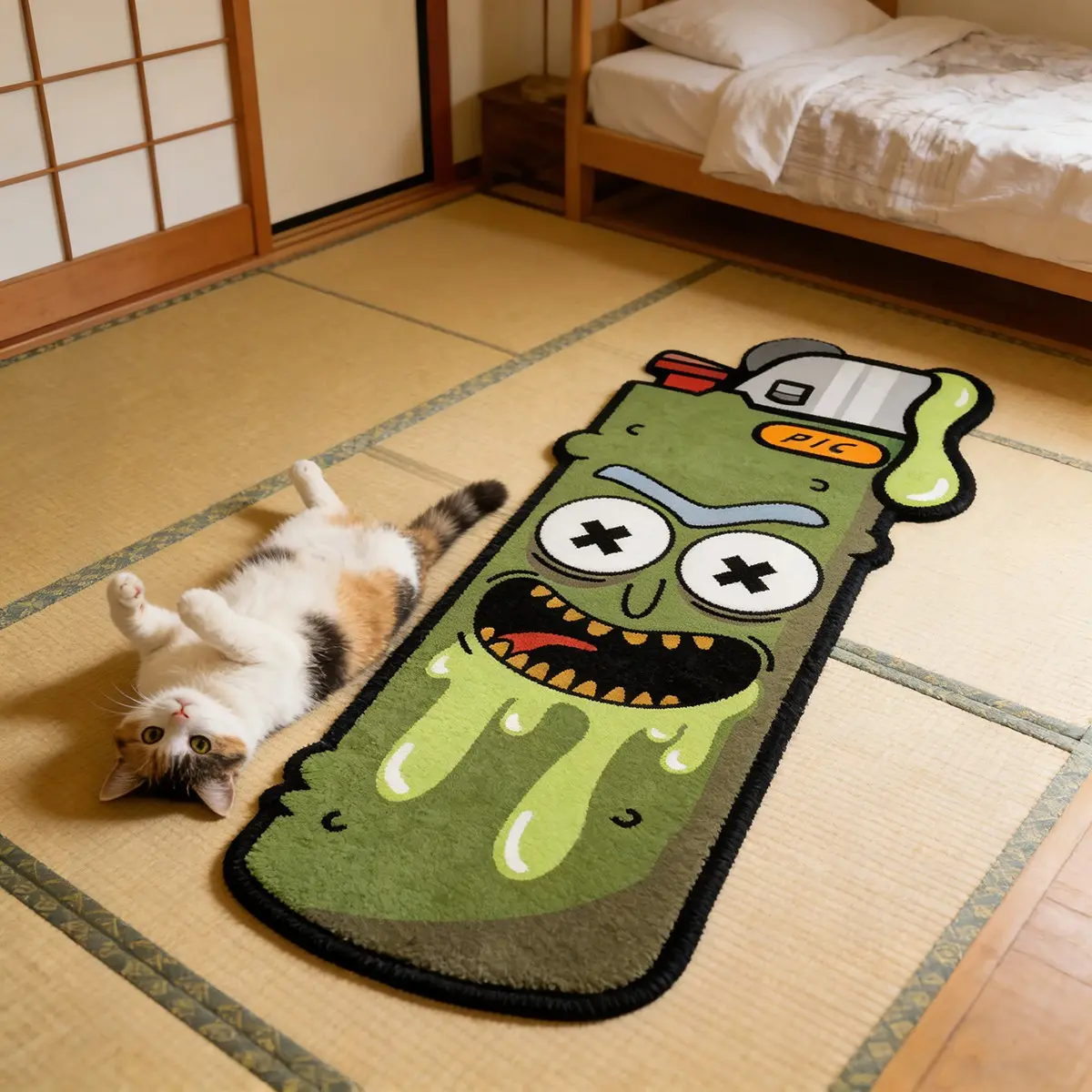 Cucumber Rick Lighter Carpet, Cartoon Anime Style, Cartoon Pattern Rug, Non-Slip Living Room Sofa Rug, Bedroom Bedside Mat, Cute Home Decor, Pet Friendly, Household Decorative Rug, Kawaii Rug, Non Slip Rugs