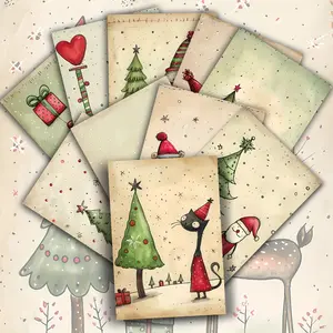Vintage Christmas Tree Postcards Set, Cute Animal Designs, Perfect for Scrapbooking & Crafts, Collectible Decorative Cards