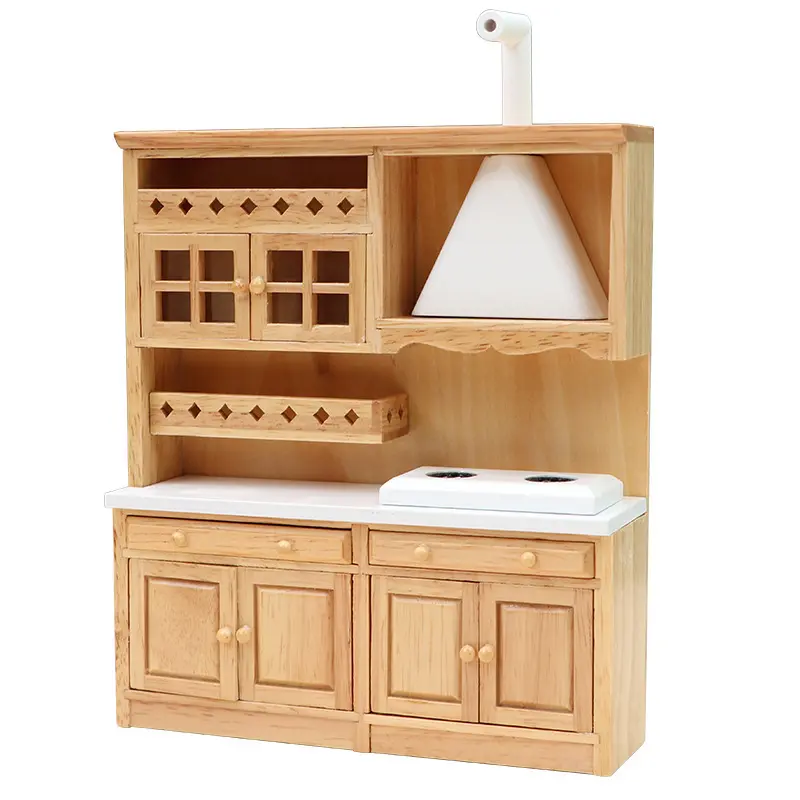 Classic Natural Wood Island Kitchen 1:12 Miniature for Dollhouse Scene Decor, Perfect Gift Idea, Miniature Furniture, Doll House Accessory