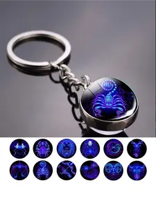12 Zodiac Keychain Fashion Double-Sided Convex Round Glass Ball Key Ring Jewelry Keychain Fashionable Alloy Keychain