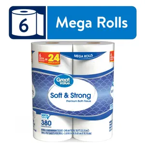 Soft & Strong Premium Toilet Paper - 6 Mega Rolls, 380 Sheets per Roll, Gentle on Skin, Unscented, Kitchen Wipes