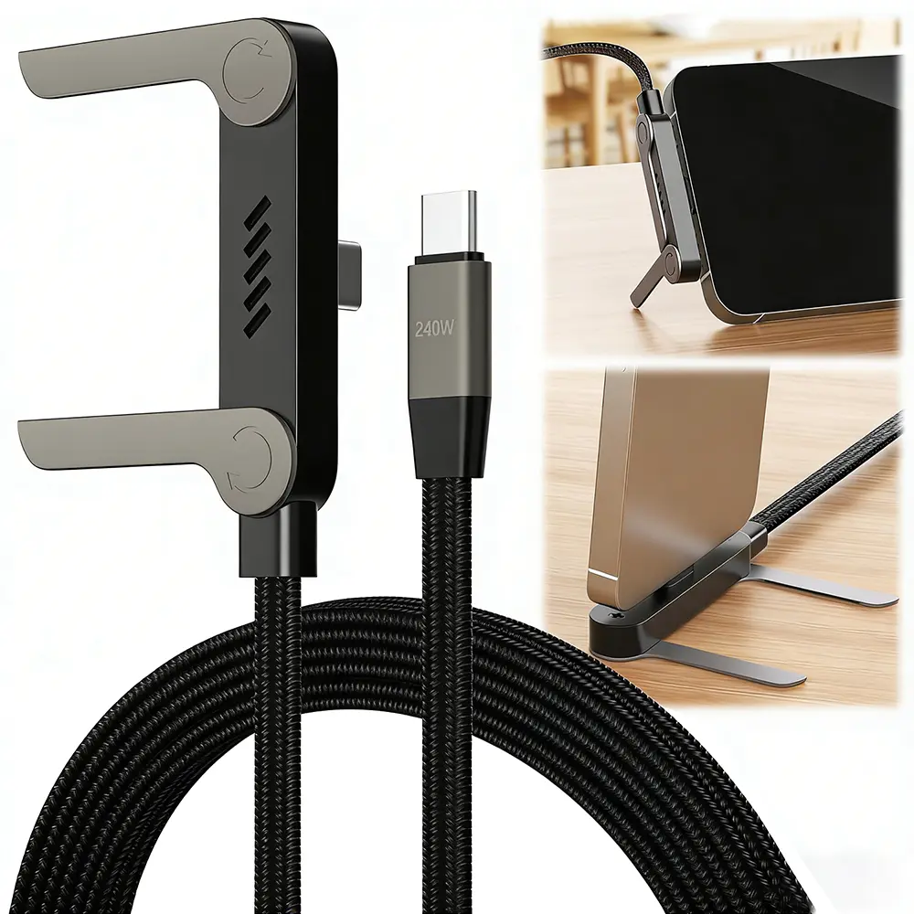 2026 Viral 240W USB-C Fast Charging Cable with Foldable Phone Stand, Multi-Function Braided Charger Cord for iPhone 16/15, Samsung & Type-C Devices, Fast Charge for Gaming, Travel, Office & Car