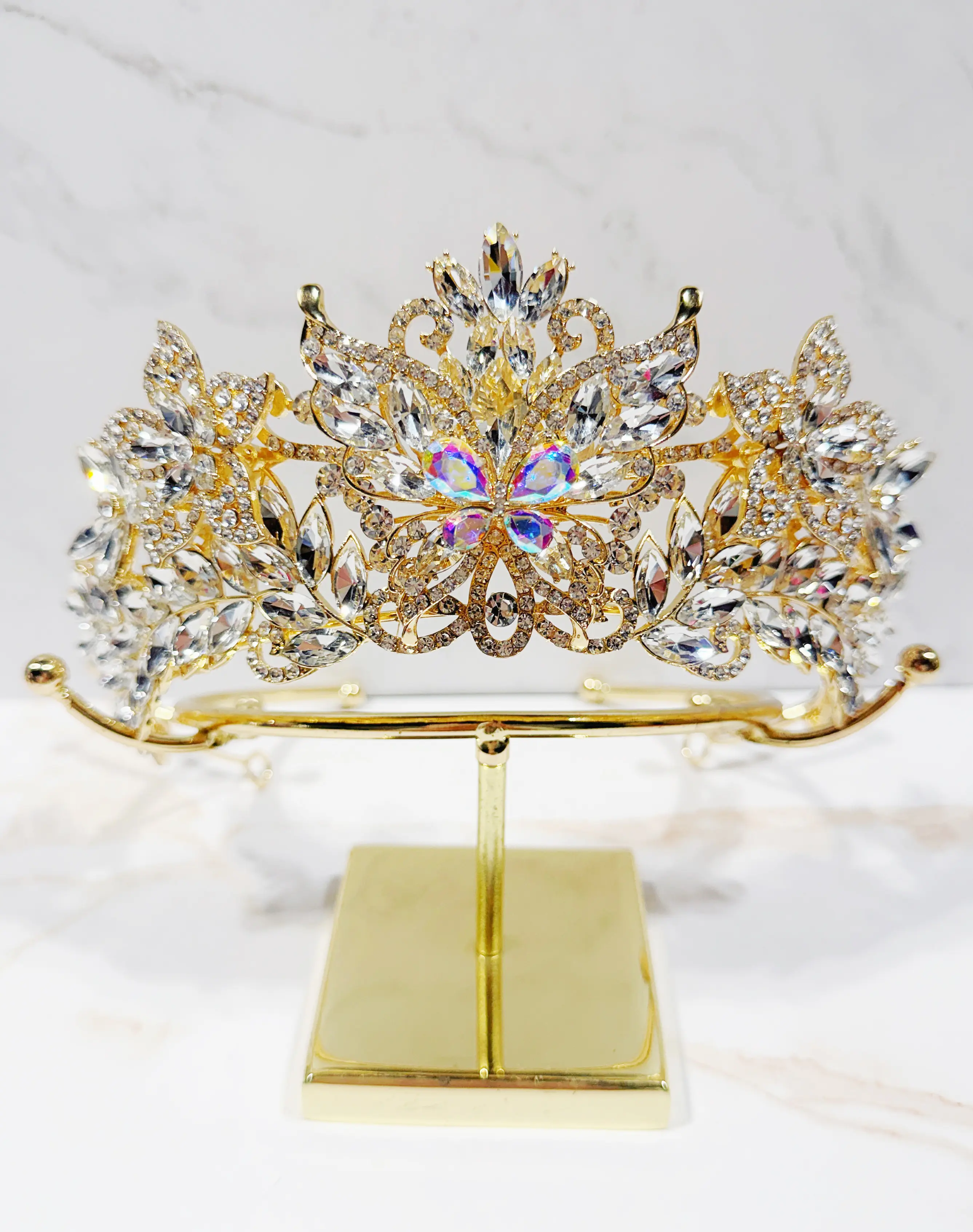 Female Elegant Gold Leaf Floral Tiara - Crystal Headpiece, Bridal Wedding & Party Hair Accessory
