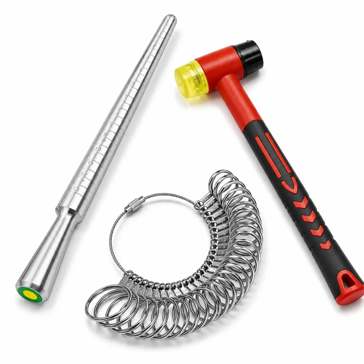 Ring Mandrel & Ring Sizer Gauge Set, Jewelry Ring Measuring and Shaping Tool Kit with Dual-Head Soft Hammer for Ring Making and Repair