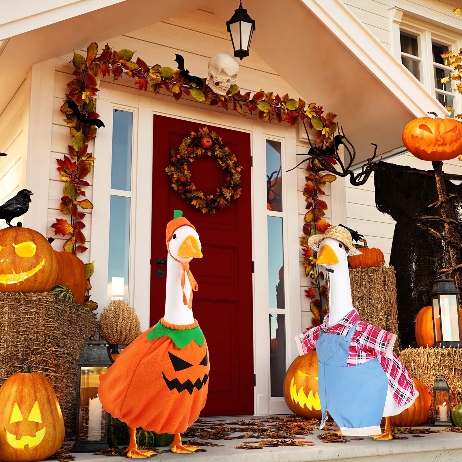 2 Sets Halloween Porch Goose Outfit fit 23 inch Goose, Lawn Porch Goose Clothes Clothing Fall Halloween Outfit for Outdoor Patio Yard Lawn Art Decoration