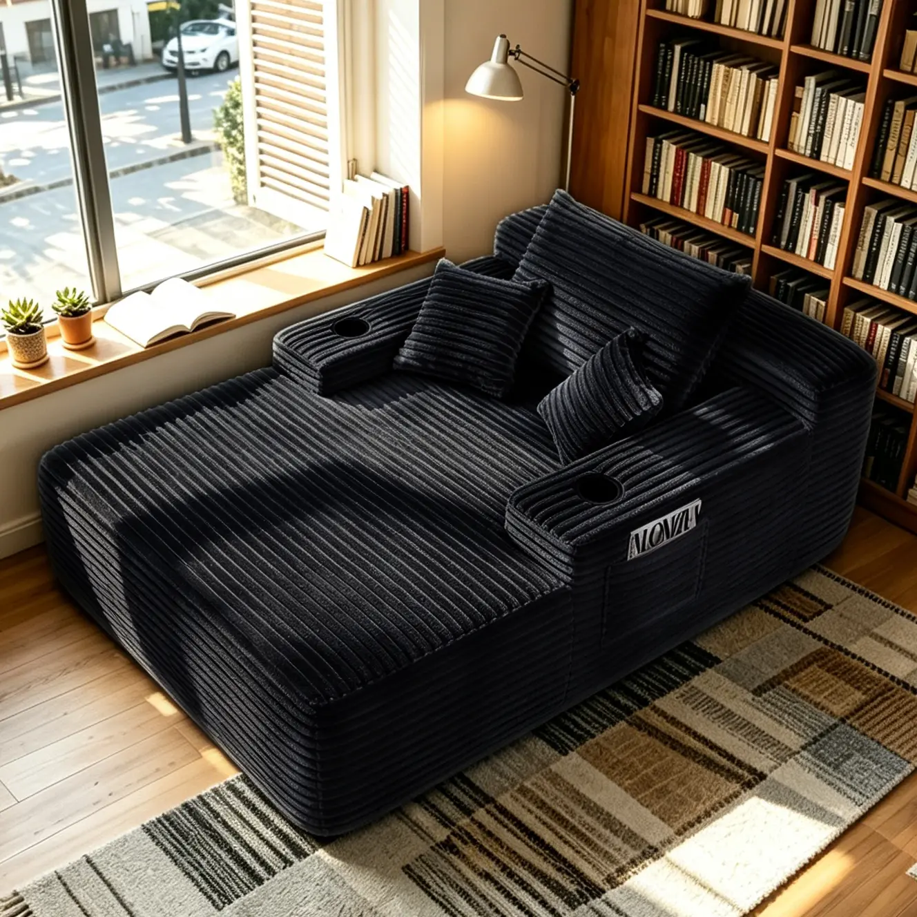 Oversized Stripe Corduroy Convertible Chaise Lounge Chair - Wide Armrests, Throw Pillows, Built-In Cup Holder, Cozy Soft-Body Sleeper Sofa Bed, No Assembly Required Multi-Functional Indoor Living Room Furniture, Soft-Body Living Room Furniture