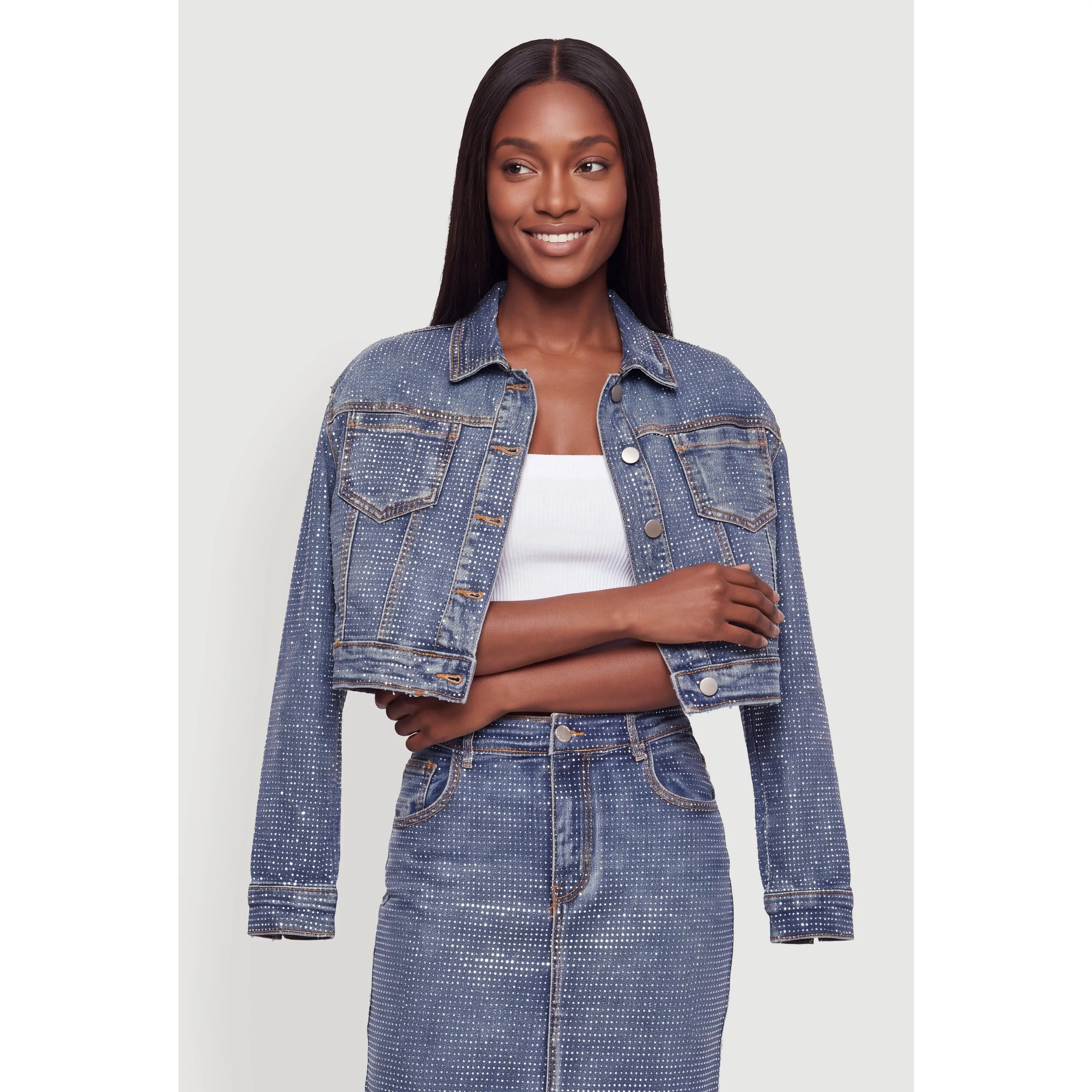 Rhinestone Cropped Denim Jacket