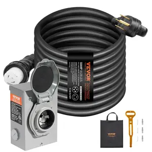 VEVOR 50 Amp Generator Cord and Power Inlet Box Kit, TikTokShopBlackFriday, 50FT, NEMA 14-50P/SS2-50R STW 6/3+8/1 AWG Generator Power Cord with Twist Lock Connector, Pre-Drilled Inlet Box for Generator to House, ETL Listed