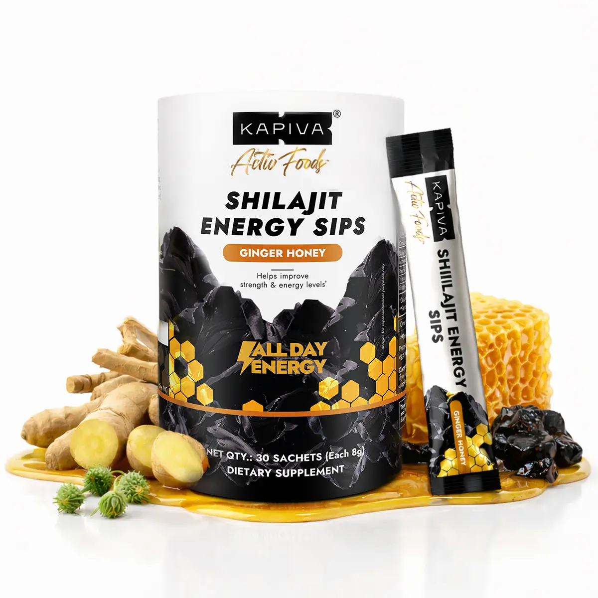 Kapiva Organic Edible Natural Shilajit Energy Sips Ayurvedic Dietary Supplement - Lab-Tested Purity, Vegan Herbs (Shilajit, Ashwagandha, Tribulus, Ginger, Honey), No Added Sugar, Fulvic Acid, 80+ Minerals for Energy Boost, Stamina, Fitness - 30 Count