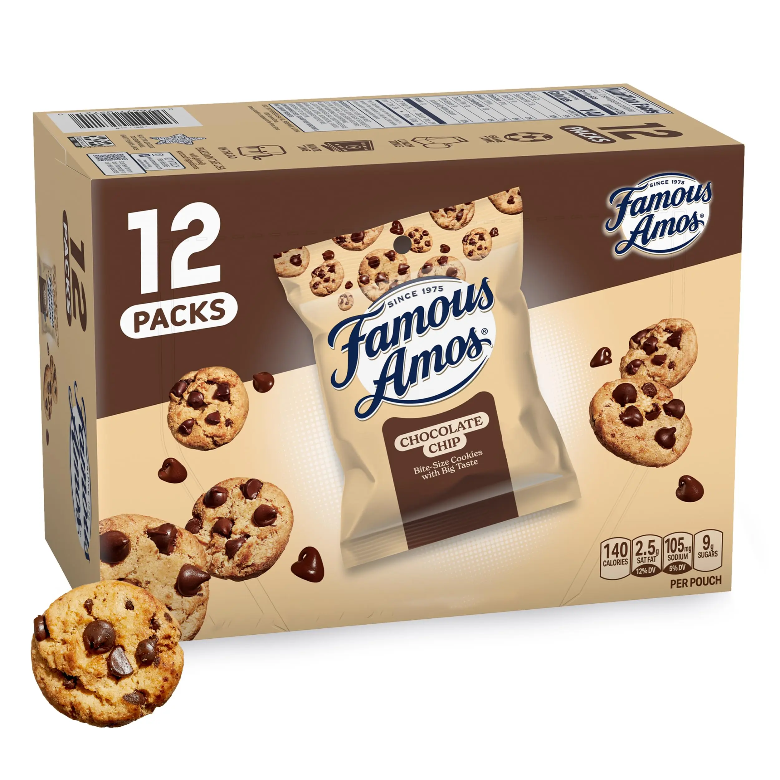 Famous Amos Classic Chocolate Chip Cookies, Bite-size cookies, Sweet Treats, 12 Pack Box, 12 oz